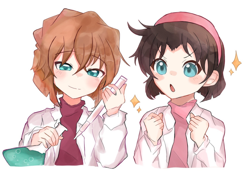 2girls blue_eyes blush_stickers bottle bubble child clenched_hands closed_mouth coat excited haibara_ai holding holding_bottle holding_pipette lab_coat long_sleeves looking_at_another looking_at_viewer meitantei_conan multiple_girls open_mouth pink_shirt red_shirt shirt smile sparkle turtleneck upper_body utrs2348 white_coat yoshida_ayumi