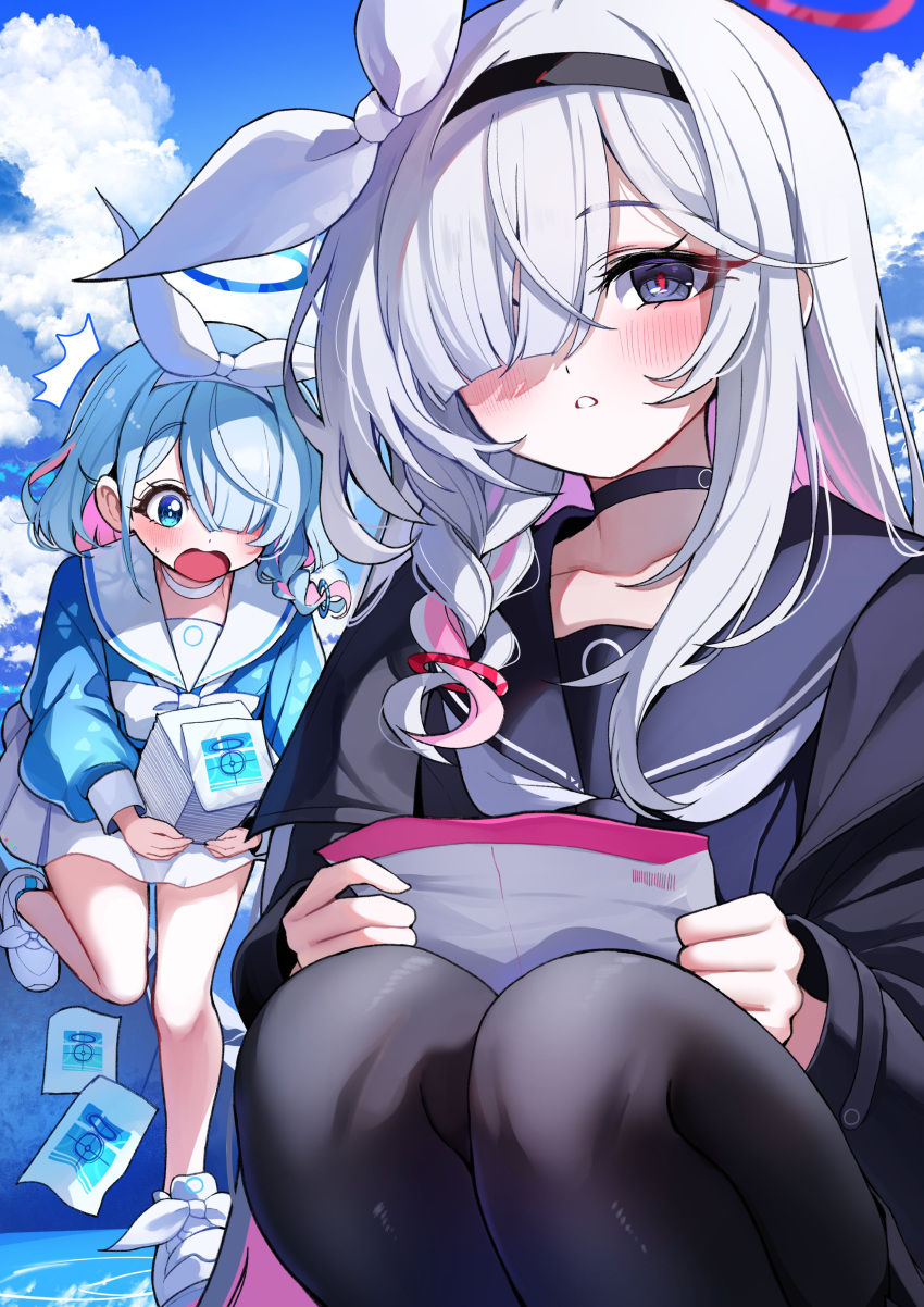 2girls absurdres arona_(blue_archive) black_coat black_hairband black_pantyhose black_sailor_collar black_serafuku black_shirt black_skirt blue_archive blue_eyes blue_hair blue_serafuku blue_shirt blue_sky blush bow_hairband braid breasts choker coat colored_inner_hair commentary envelope grey_eyes hair_over_one_eye hairband halo highres light_blue_hair long_hair long_sleeves looking_at_viewer multicolored_hair multiple_girls open_clothes open_coat open_mouth pantyhose parted_lips pink_hair plana_(blue_archive) sailor_collar sak_(lemondisk) school_uniform serafuku shirt short_hair side_braid skirt sky small_breasts white_hair white_hairband white_sailor_collar white_skirt