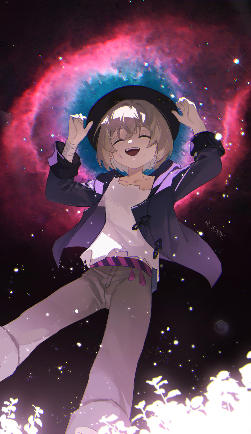 1boy absurdres aged_down aventurine_(honkai:_star_rail) bandaged_arm bandages black_hat blonde_hair hat highres honkai:_star_rail honkai_(series) hood hoodie kkknnnn long_sleeves male_focus open_mouth shirt short_hair smile solo star_(sky) teeth torn_clothes torn_shirt upper_teeth_only white_shirt