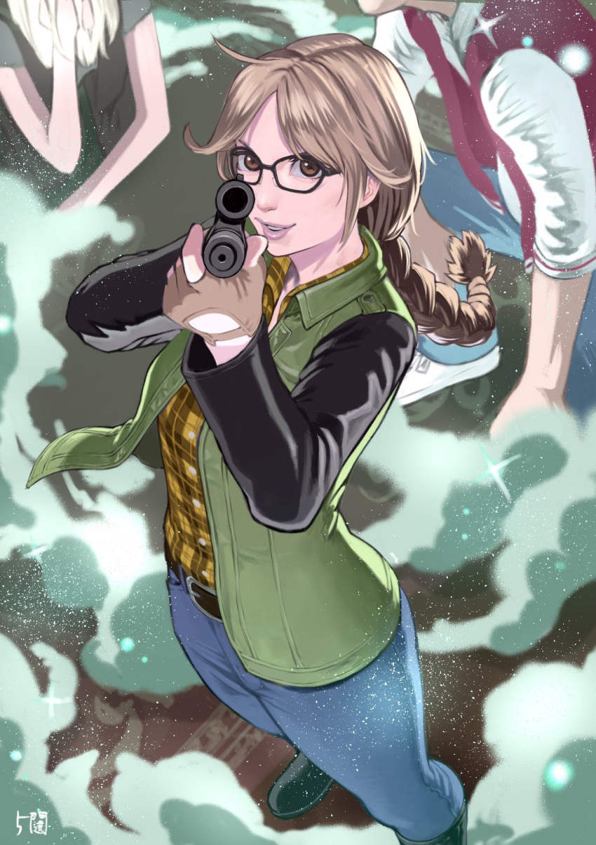 5tatsu aiming aiming_at_viewer belt_buckle black_footwear black_sleeves blonde_hair blue_pants boots braid breasts brown_eyes buckle collared_shirt cowboy_shot denim foot_out_of_frame from_above glasses green_vest gun hand_in_own_hair highres holding holding_gun holding_weapon jacket jeans long_hair long_sleeves medium_breasts on_one_knee open_mouth pants parted_bangs plaid plaid_shirt red_jacket resident_evil resident_evil:_resistance shirt signature single_braid smile smoke solo_focus valerie_harmon vest weapon white_sleeves