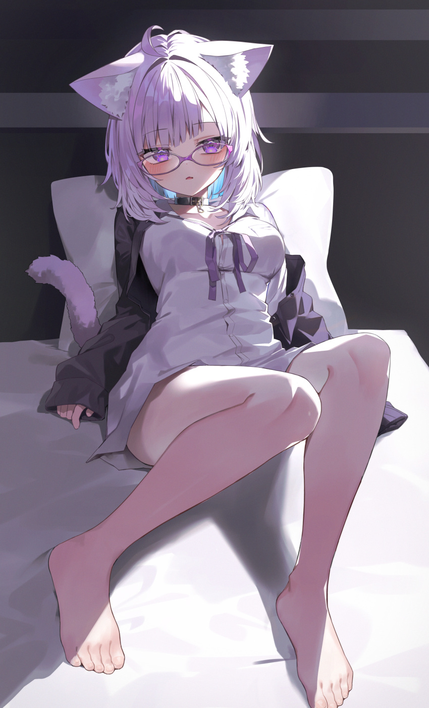 1girl absurdres animal_ear_fluff animal_ears barefoot black_collar black_jacket blue_hair cat_ears cat_girl collar colored_inner_hair commentary_request fang full_body glasses highres hololive jacket kanase_(mcbrwn18) knees_up legs long_sleeves looking_at_viewer loose_neck_ribbon medium_hair multicolored_hair nekomata_okayu nekomata_okayu_(oversized_shirt) official_alternate_costume on_bed on_pillow open_clothes open_jacket open_mouth pink_hair purple-framed_eyewear purple_eyes purple_ribbon ribbon shirt skin_fang solo virtual_youtuber white_shirt