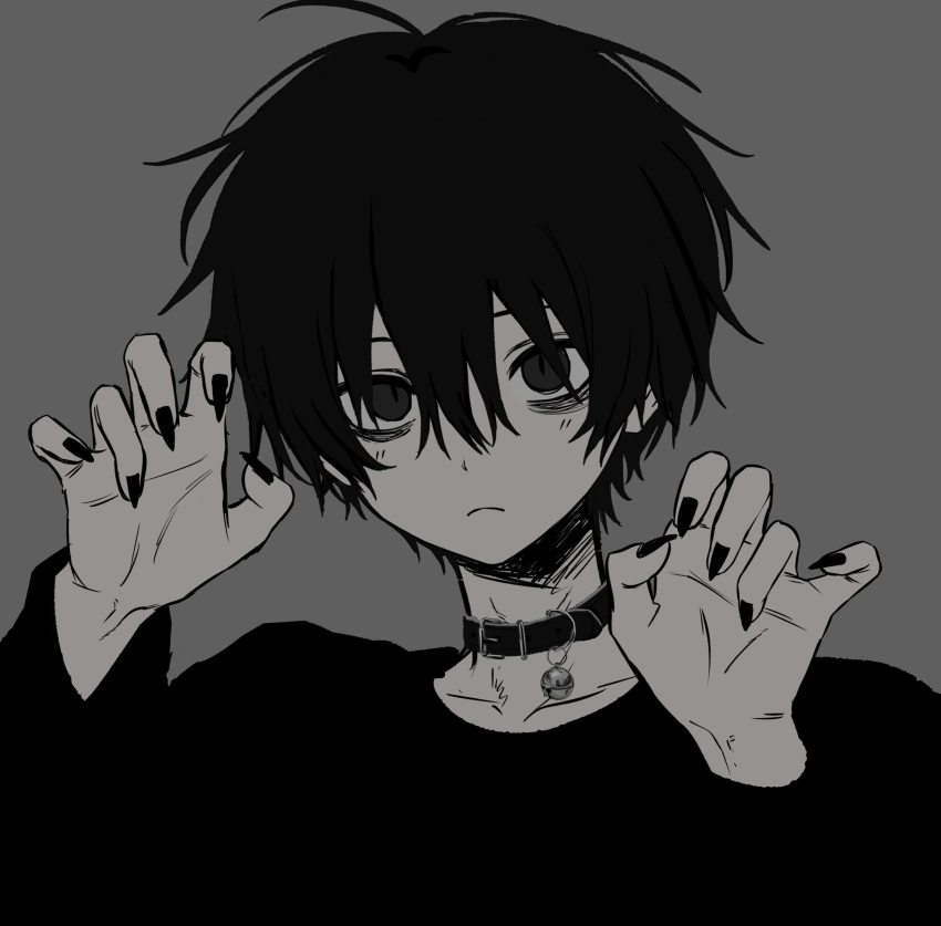 1boy absurdres bags_under_eyes bell black_collar black_eyes black_hair black_nails black_shirt claw_pose closed_mouth collar fingernails grey_background hair_between_eyes highres imai_akira looking_at_viewer male_focus messy_hair neck_bell original sharp_fingernails shirt simple_background solo upper_body