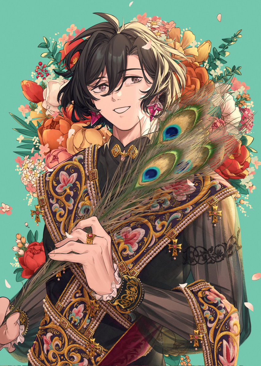 1boy black_hair constantine_xi_(fate) earrings fate/grand_order fate_(series) feathers flower flower_request formal green_background hair_between_eyes highres holding holding_feather jewelry long_hair long_sleeves looking_at_viewer male_focus orange_flower peacock_feathers pink_flower red_flower shooou_0104 short_hair solo white_flower yellow_footwear