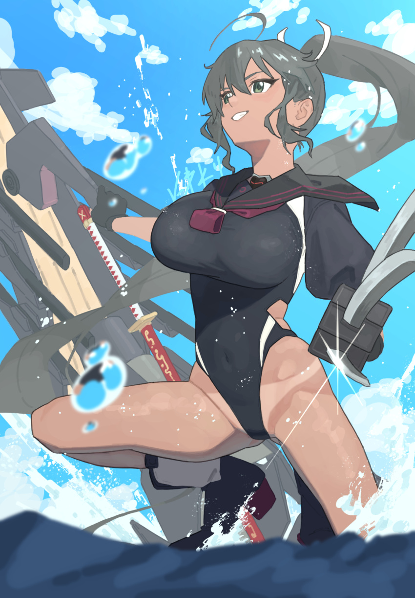 azur_lane bikini_tan black_hair black_one-piece_swimsuit black_sailor_collar black_serafuku blue_sky breasts competition_swimsuit covered_navel dark-skinned_female dark_skin day fingerless_gloves gloves green_eyes high_ponytail highres homura_(senran_kagura) katana large_breasts long_hair multiple_swords multiple_wielding niwatori5948 ocean one-piece_swimsuit ponytail ribbon rigging sailor_collar school_uniform senran_kagura serafuku sky smile solo swimsuit sword tan tanlines tsuba_(guard) weapon white_ribbon