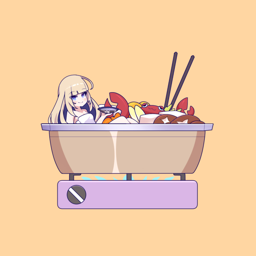 1girl amanogawa_shiina blonde_hair crab cross_(vgne4542) food highres long_hair nabe phase_connect purple_eyes simple_background solo