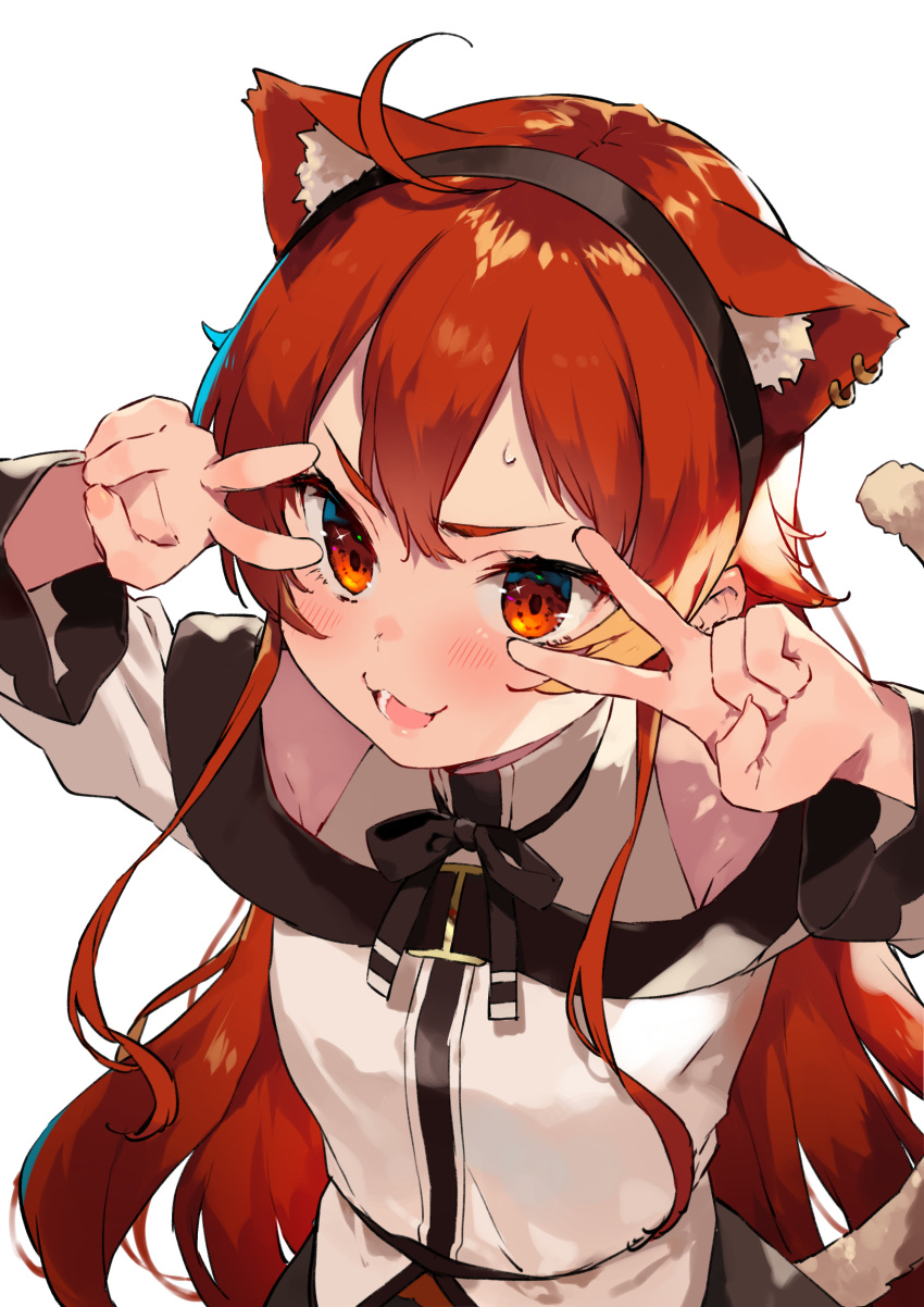 1girl :3 absurdres ahoge animal_ear_fluff animal_ear_piercing animal_ears black_hairband blush cat_ears cat_tail double-parted_bangs double_v eris_greyrat hairband hands_up highres long_hair long_sleeves looking_at_viewer lower_teeth_only mokkori mushoku_tensei off-shoulder_shirt off_shoulder red_eyes red_hair shirt simple_background small_sweatdrop solo tail teeth upper_body v v_over_eye very_long_hair white_background white_shirt