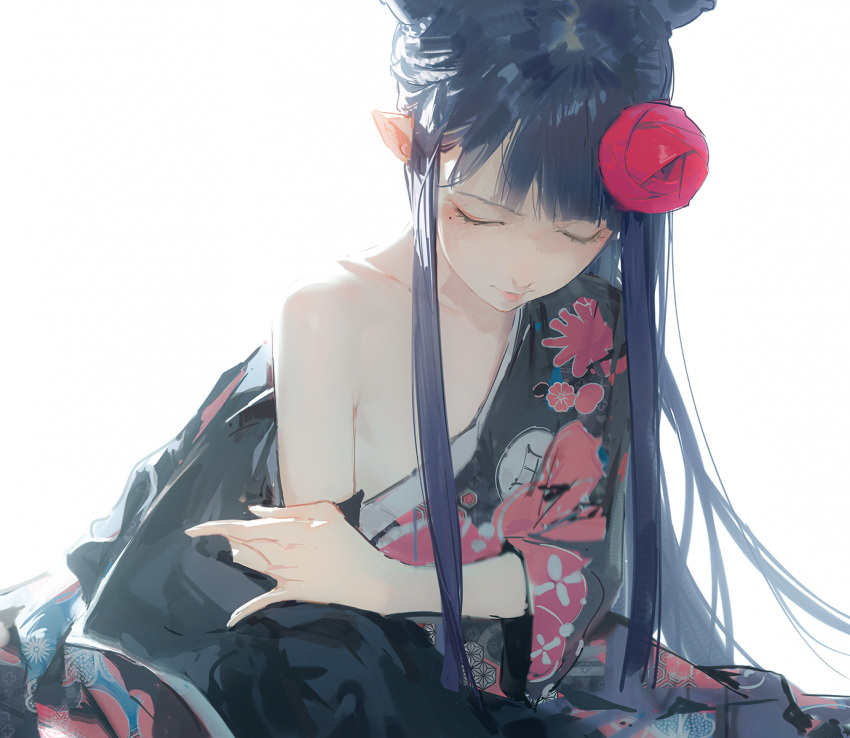 1girl backlighting black_hair black_kimono closed_eyes closed_mouth collarbone dino_(dinoartforame) duplicate flower hair_flower hair_ornament highres hololive hololive_english japanese_clothes kimono long_hair mole mole_under_eye ninomae_ina'nis ninomae_ina'nis_(new_year) off_shoulder pink_lips pixel-perfect_duplicate pointy_ears print_kimono virtual_youtuber white_background