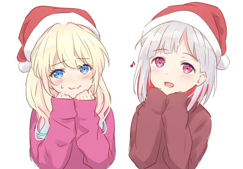 2girls :d blonde_hair blue_eyes blue_hair blush bob_cut brown_sweater closed_mouth colored_inner_hair eighth_note embarrassed gradient_hair grey_hair hair_down hat highres inverted_bob light_blue_hair link!_like!_love_live! long_hair long_sleeves looking_at_viewer love_live! multicolored_hair multiple_girls musical_note nervous_smile open_mouth osawa_rurino pink_eyes pink_sweater red_hair red_hat santa_hat short_hair simple_background sleeves_past_fingers sleeves_past_wrists smile streaked_hair sweatdrop sweater virtual_youtuber wavy_mouth white_background yugiri_tsuzuri yutuki_ame