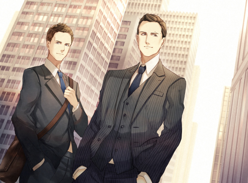 2boys animification bag black_jacket black_pants black_vest blue_necktie brown_eyes brown_hair city collared_shirt green_eyes hair_behind_ear hand_in_pocket hands_in_pockets harvey_specter jacket looking_at_viewer looking_to_the_side mike_ross_(suits) mizui_xl mole_above_eye multiple_boys necktie pants pinstripe_jacket pinstripe_pattern pinstripe_suit pinstripe_vest shirt short_hair smile suit suits_(tv_series) vest white_shirt