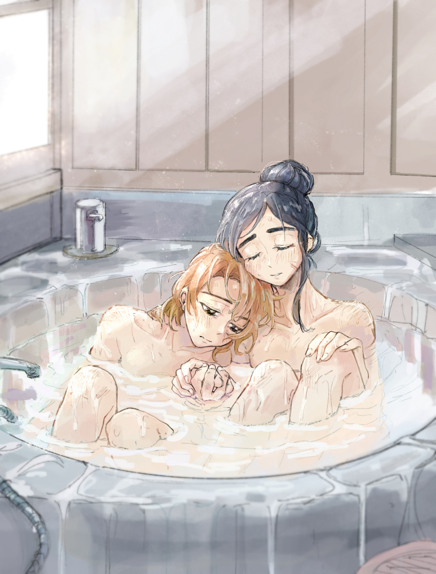 2girls bathroom bathtub black_hair brown_hair closed_eyes closed_mouth commentary_request completely_nude futari_wa_precure hair_bun hair_up hand_on_own_knee headset highres holding_hands indoors koyomania misumi_nagisa multiple_girls nude parted_lips partially_submerged precure same-sex_bathing shared_bathing short_hair water wet window yukishiro_honoka yuri