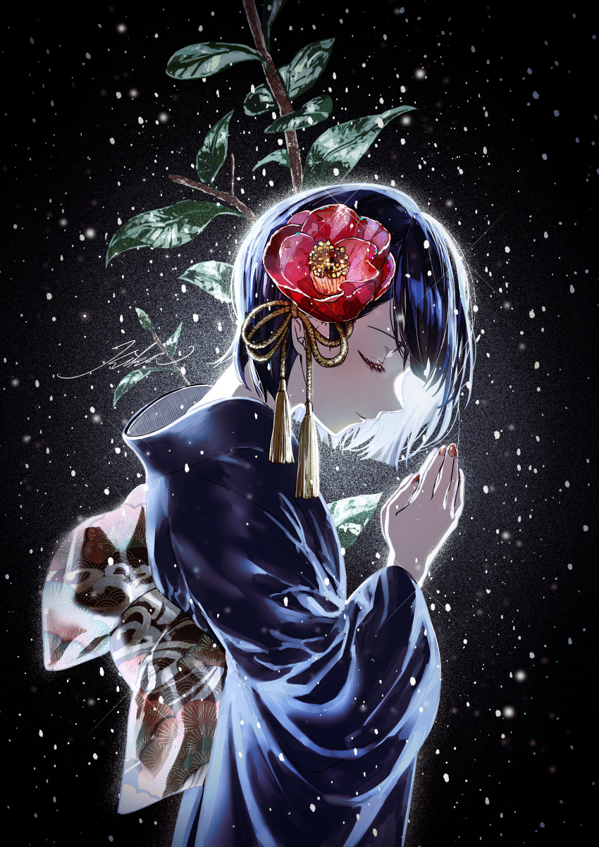 1girl absurdres blue_hair branch camellia closed_eyes flower from_side hair_ornament head_down highres japanese_clothes kanzashi kika kimono leaf long_sleeves nail_polish obi original own_hands_together profile sash short_hair smile solo tassel