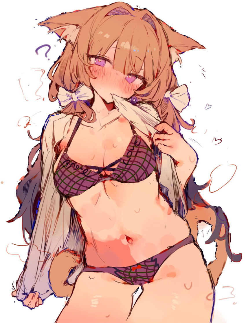 1girl ? animal_ears black_bra black_panties blonde_hair bow bra breasts cat_ears cat_tail cleavage clothes_pull collarbone cowboy_shot hair_between_eyes hair_bow heart highres looking_at_viewer navel open_clothes open_shirt original otintin panties pulled_by_self purple_eyes simple_background solo steam steaming_body sweat tail thigh_gap underwear undressing white_background white_bow