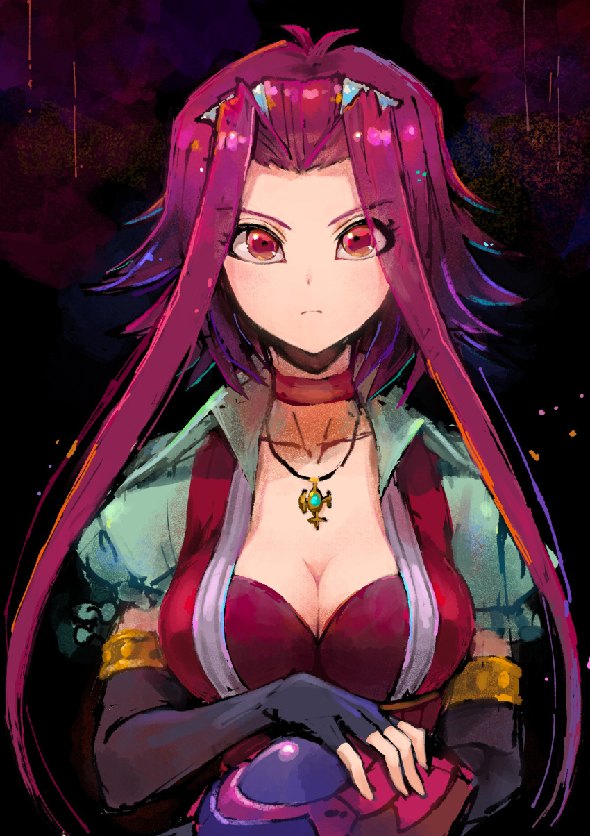 1girl absurdres black_gloves breasts choker cleavage closed_mouth dress elbow_gloves fingerless_gloves gloves highres izayoi_aki jewelry looking_at_viewer necklace puffy_short_sleeves puffy_sleeves red_choker red_dress red_eyes red_hair short_hair_with_long_locks short_sleeves solo upper_body youko-shima yu-gi-oh! yu-gi-oh!_5d's
