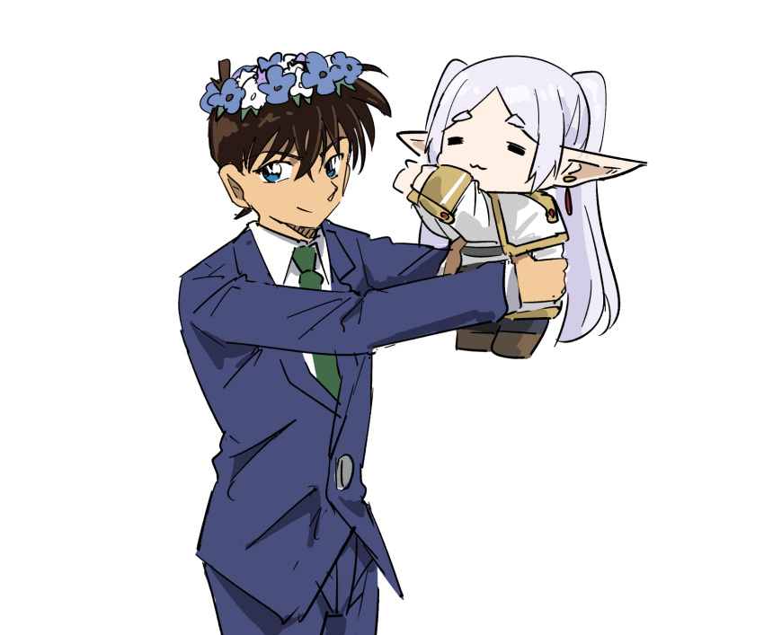 1boy 1girl :3 =_= aoyama_goushou_(style) blue_eyes blue_suit brown_hair chibi crossover elf frieren green_necktie head_wreath highres kudou_shin'ichi lifting_person long_sleeves looking_at_viewer meitantei_conan necktie pointy_ears school_uniform simple_background smile sousou_no_frieren suit teitan_high_school_uniform tenten_(chan4545) white_background white_hair