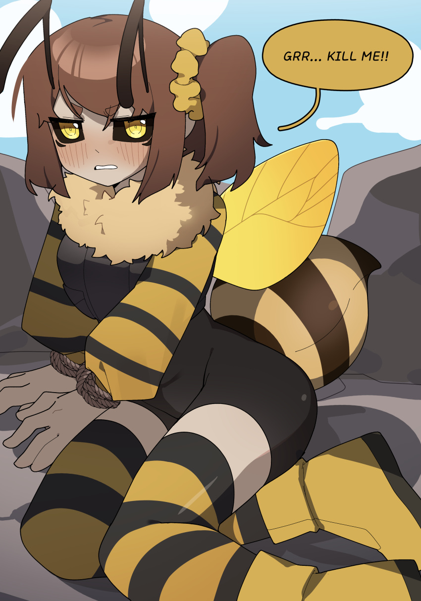 absurdres arthropod_girl bee_girl bee_wings black_bodysuit black_sclera blush bodysuit boots bound bound_wrists brown_hair colored_sclera english_text fur_collar gomulgong highres insect_wings monster_girl original rope side_ponytail sky stinger striped_clothes striped_thighhighs thighhighs wings