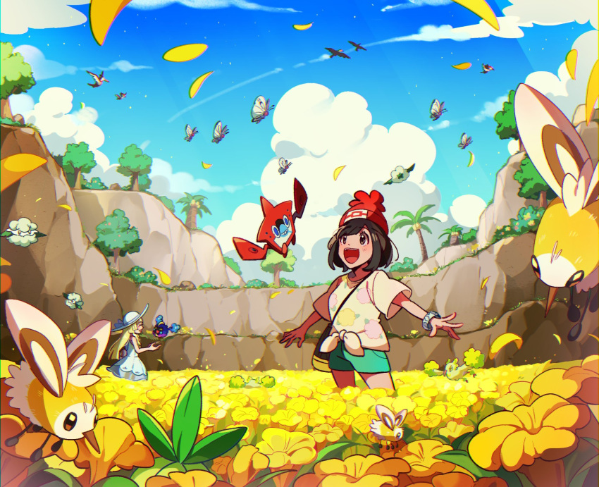 2girls :d alolan_exeggutor beanie black_eyes black_hair blue_sky butterfree cloud commentary_request cosmog cottonee cutiefly field floating flower flower_field flying green_shorts hat highres hill korean_commentary lillie_(pokemon) looking_up medium_hair multiple_girls oricorio oricorio_(pom-pom) outdoors palm_tree petilil poke_ball_print pokemon pokemon_(creature) pokemon_sm print_headwear red_hat rotom rotom_dex selene_(pokemon) selyg15 shorts sky smile standing teeth tree trumbeak upper_teeth_only yellow_flower