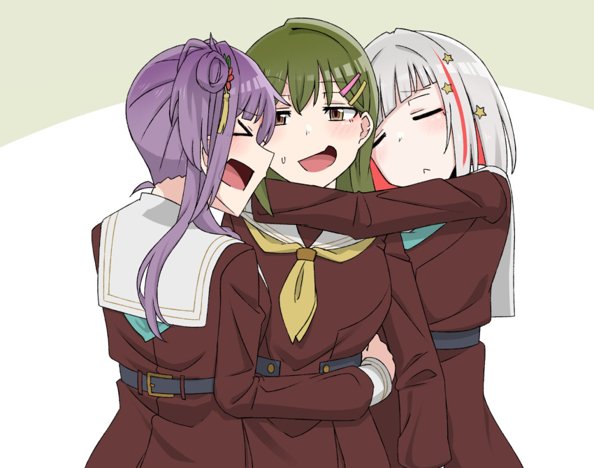 &gt;_&lt; 3girls :&lt; =_= aqua_neckerchief arms_around_neck blush bob_cut brown_dress brown_eyes carrying carrying_person closed_eyes closed_mouth colored_inner_hair commentary_request diagonal_bangs dress facing_another flower green_background green_hair grey_hair group_hug hair_bun hair_flower hair_ornament hairclip half-closed_eyes hasu_no_sora_school_uniform highres hug inverted_bob link!_like!_love_live! loafers lone_nape_hair long_hair long_sleeves looking_at_viewer love_live! multicolored_hair multiple_girls neckerchief oogami_sachi open_mouth otomune_kozue purple_hair raised_eyebrow rectangular_mouth red_flower red_hair sailor_collar sailor_dress school_uniform shoes short_hair side_ponytail sidelocks single_side_bun small_sweatdrop socks star_(symbol) star_hair_ornament straight_hair streaked_hair tetetsu_(yuns4877) two-tone_background two_side_up virtual_youtuber white_background white_sailor_collar white_socks winter_uniform yugiri_tsuzuri