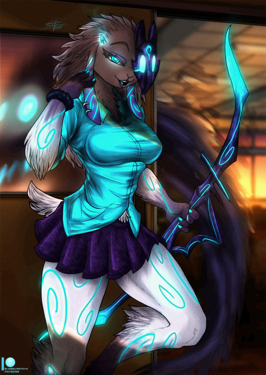 2021 absurd_res anthro blue_clothing blue_eyes blue_topwear bluewolfartista blurred_background bottomwear bovid breasts caprine clothing digital_media_(artwork) female fur fur_markings glowing glowing_eyes hi_res inside kindred_(lol) league_of_legends mammal markings mask open_mouth patreon patreon_logo purple_bottomwear purple_clothing purple_skirt riot_games shadow sheep signature skirt solo topwear video_games weapon