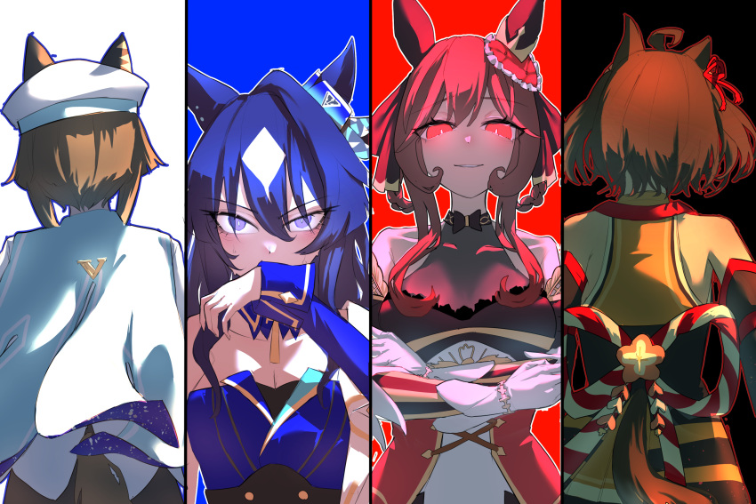 4girls animal_ears bare_shoulders blue_hair braided_hair_rings breasts brown_hair cheval_grand_(umamusume) ear_covers from_behind gentildonna_(umamusume) hair_between_eyes hat highres horse_ears horse_girl horse_tail kitasan_black_(umamusume) large_breasts long_hair multicolored_hair multiple_girls peaked_cap purple_eyes red_eyes rope sasa_fune shimenawa short_hair single_ear_cover streaked_hair tail tail_through_clothes umamusume upper_body verxina_(umamusume) white_hair