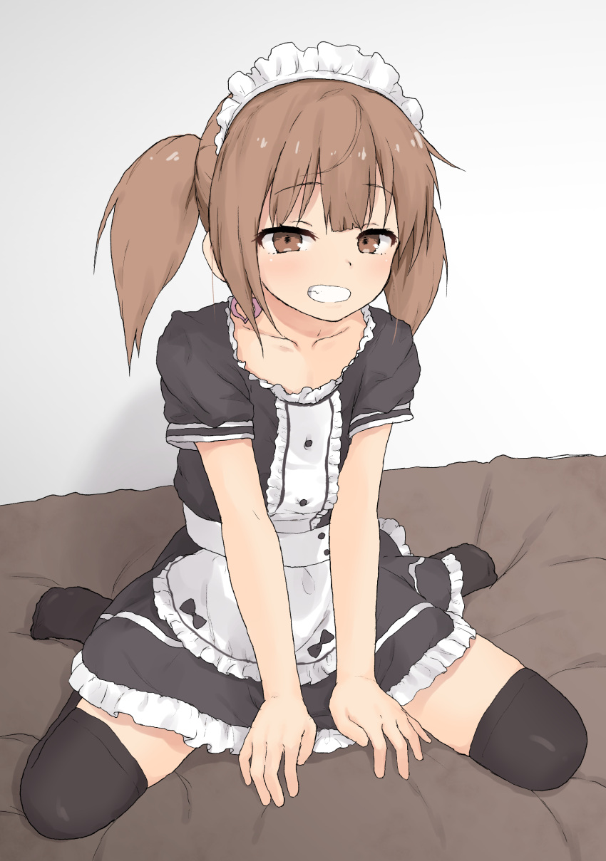 1girl absurdres bangs black_legwear blunt_bangs blush brown_eyes brown_hair collarbone commentary_request earrings eyebrows_visible_through_hair grin heart heart_earrings highres jewelry looking_at_viewer maid maid_headdress original renga_(yakihebi) short_hair short_sleeves sitting smile solo thighhighs twintails yakihebi zettai_ryouiki