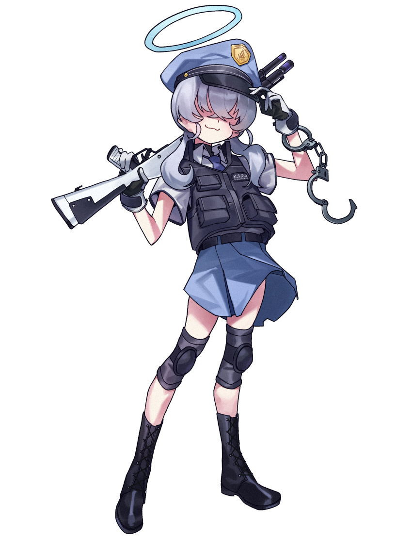 1girl absurdres blue_archive blue_hair boots crossed_bangs gun hair_between_eyes hair_over_eyes halo highres knee_pads low_twintails police police_uniform policewoman shotgun simple_background skirt twintails uniform valkyrie_police_academy_student_(blue_archive) vest waa153 weapon white_background