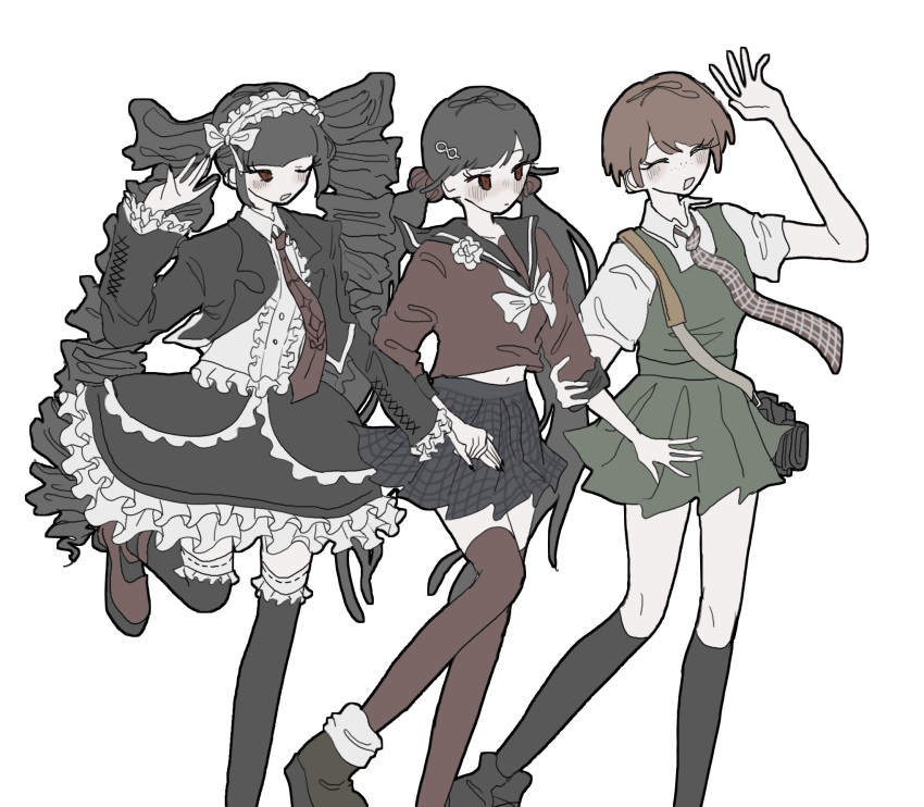 3girls arm_up black_hair black_jacket black_nails black_skirt black_thighhighs blush celestia_ludenberg center_frills danganronpa:_trigger_happy_havoc danganronpa_(series) danganronpa_2:_goodbye_despair danganronpa_v3:_killing_harmony drill_hair freckles frills from_side grey_shirt hair_ornament hairclip harukawa_maki headdress highres jacket kneehighs koizumi_mahiru layered_skirt long_hair low_twintails miniskirt multiple_girls nail_polish necktie nun_(xh1uk) plaid plaid_necktie plaid_skirt red_footwear red_hair red_thighhighs shirt shoes short_hair short_sleeves skirt socks thighhighs twin_drills twintails zettai_ryouiki