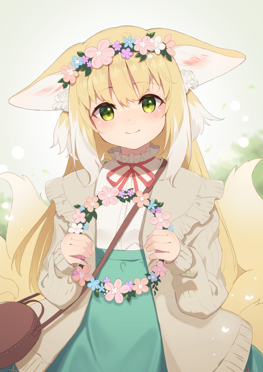 1girl absurdres animal_ears arknights blonde_hair blue_flower blush brown_bag closed_mouth commentary_request flower fox_ears fox_girl fox_tail gradient_background green_background green_eyes grey_sweater head_wreath highres hinata_(user_rjkt4745) long_hair looking_at_viewer neck_ribbon pink_flower red_ribbon ribbon smile suzuran_(arknights) sweater tail