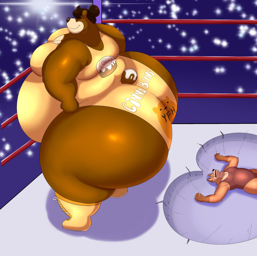 anthro belly big_belly big_butt brown_hair butt canid canine cinna_(megacoolbear) duo fighting_ring fox hair hair_bun hi_res huge_butt hyper hyper_butt male male/male mammal megacoolbear_(artist) moobs obese obese_anthro obese_male overweight overweight_anthro overweight_male size_difference thick_thighs ursid wrestling_singlet