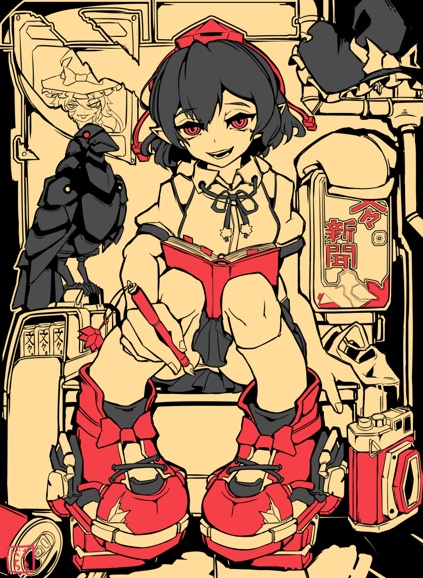 1girl bananachiken black_hair black_skirt brick_wall camera commentary_request hat highres kirisame_marisa limited_palette nib_pen_(object) panties pantyshot pen red_footwear shameimaru_aya shoes skirt solo touhou underwear witch_hat