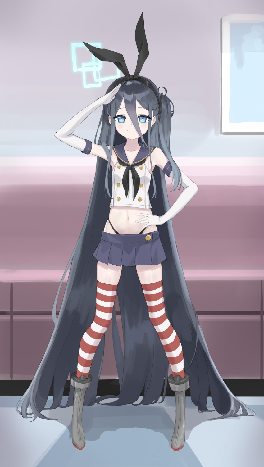 1girl absurdres animal_ears aris_(blue_archive) axax_toast black_hair black_hairband black_neckerchief black_panties blue_archive blue_eyes blue_sailor_collar blue_skirt breasts commentary cosplay crop_top elbow_gloves gloves hair_between_eyes hairband halo highleg highleg_panties highres long_hair looking_at_viewer microskirt midriff navel neckerchief one_side_up panties rabbit_ears sailor_collar salute shimakaze_(kancolle) shimakaze_(kancolle)_(cosplay) skirt small_breasts smile solo striped_clothes striped_thighhighs thighhighs underwear very_long_hair white_gloves
