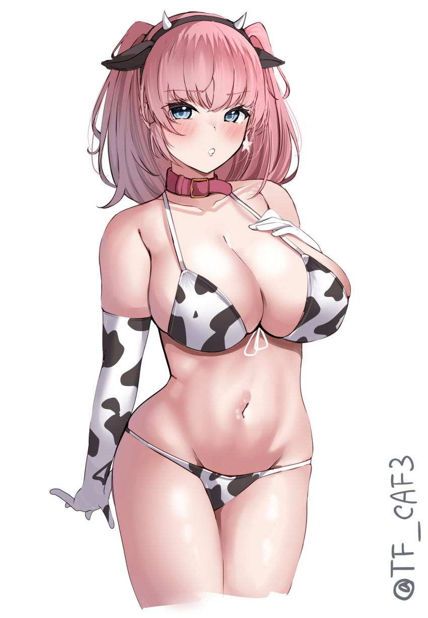 1girl alternate_costume animal_collar animal_ears animal_print atlanta_(kancolle) bikini blush breasts brown_hair cleavage collar cow_ears cow_horns cow_print cow_print_bikini cow_print_gloves earrings elbow_gloves fake_animal_ears fake_horns front-tie_bikini_top front-tie_top gloves grey_eyes halterneck hand_on_own_chest hashtag-only_commentary highres horns jewelry kantai_collection large_breasts long_hair looking_at_viewer navel one-hour_drawing_challenge print_bikini print_gloves single_earring solo star_(symbol) star_earrings swimsuit tf_cafe twitter_username two_side_up