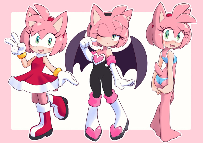 accessory amy_rose anthro armor armwear blush bodysuit boots bra bracelet breastplate butt clothing dress elbow_gloves eulipotyphlan feet female footwear fur gloves green_eyes hair_accessory hairband handwear hedgehog jewelry mammal nervous_smile pink_body pink_fur rouge_the_bat sega skinsuit solo sonic_the_hedgehog_(series) tight_clothing underwear unousaya wings