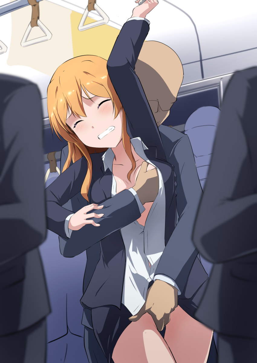 1girl absurdres breasts brown_hair chikan clothes_lift grabbing grabbing_another's_breast hand_on_another's_crotch hetero highres konoe_kanata large_breasts long_hair love_live! love_live!_nijigasaki_high_school_idol_club people skirt skirt_lift suit train_interior unbuttoned zasshoku_ojisan