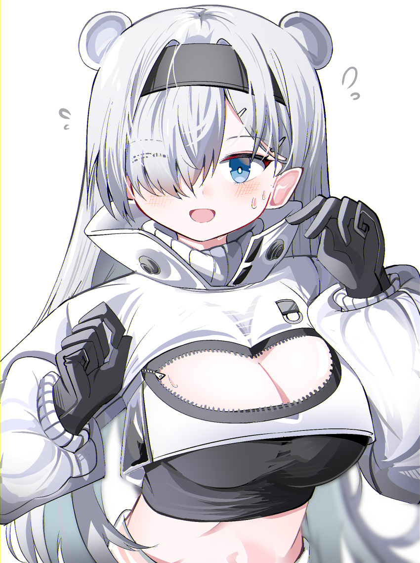 1girl :d animal_ears arknights aurora_(arknights) bear_ears black_gloves black_hairband blue_eyes blush breasts cleavage cleavage_cutout clothing_cutout crop_top eyes_visible_through_hair flying_sweatdrops gloves grey_hair hair_ornament hair_over_one_eye hairband hairclip hands_up high_collar highres long_hair long_sleeves medium_breasts puffy_long_sleeves puffy_sleeves shrug_(clothing) simple_background smile solo spam_(spamham4506) sweat upper_body very_long_hair white_background