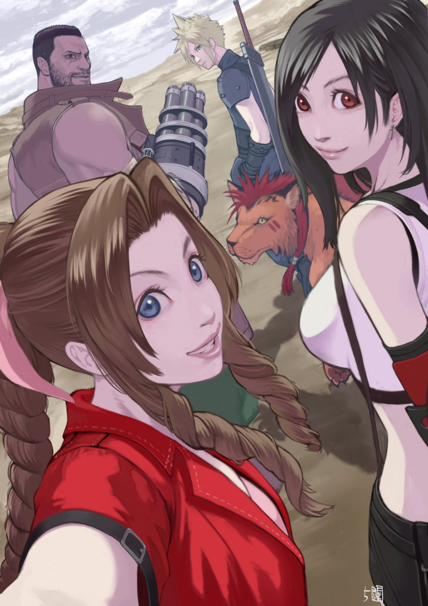 2girls 3boys 5tatsu aerith_gainsborough animal bare_shoulders barret_wallace beads beard black_bra black_gloves black_hair black_skirt blonde_hair blue_eyes bra braid braided_ponytail breasts brown_eyes brown_hair brown_vest buster_sword closed_mouth cloud cloud_strife cloudy_sky crop_top dangle_earrings dark-skinned_male dark_skin desert dress earrings elbow_gloves elbow_pads facial_hair facial_mark final_fantasy final_fantasy_vii final_fantasy_vii_rebirth final_fantasy_vii_remake gloves grey_eyes grey_shirt grey_sky gun hair_beads hair_ornament hair_ribbon highres jacket jewelry long_hair looking_at_viewer looking_back medium_breasts midriff multiple_boys multiple_girls orange_fur outdoors parted_bangs parted_lips pink_dress pink_ribbon prosthetic_weapon red_eyes red_hair red_jacket red_xiii ribbon scar scar_on_cheek scar_on_face selfie shirt short_hair short_sleeves sidelocks signature single_braid single_elbow_pad single_shoulder_pad skirt sky sleeveless sleeveless_shirt sleeveless_turtleneck smile spiked_hair sports_bra suspenders swept_bangs tifa_lockhart turtleneck underwear upper_body very_short_hair vest weapon weapon_on_back white_shirt yellow_eyes