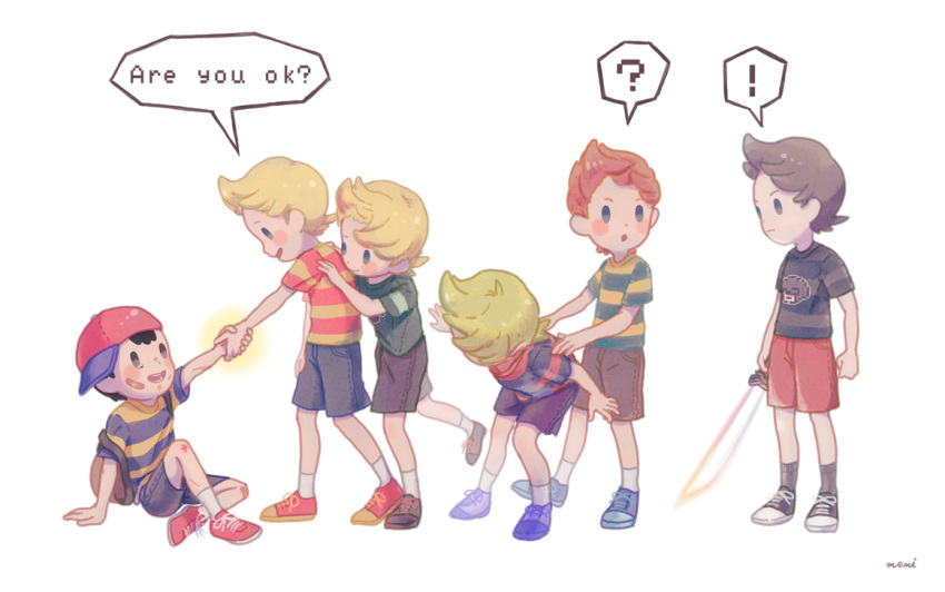 ! 6+boys ? alternate_color bandaid bandaid_on_face black_hat blonde_hair blush_stickers brown_bag brown_shorts child closed_mouth english_text full_body green_shirt grey_footwear grey_hair grey_socks helping holding holding_sword holding_weapon lucas_(mother_3) male_focus masked_man_(mother_3) memi_(gamemix) mother_(game) mother_2 mother_3 multiple_boys ness_(mother_2) orange_shorts player_2 pulling red_footwear shirt shoes short_hair shorts sideways_hat signature simple_background socks solid_oval_eyes spoken_exclamation_mark spoken_question_mark striped_clothes striped_shirt super_smash_bros. sword weapon