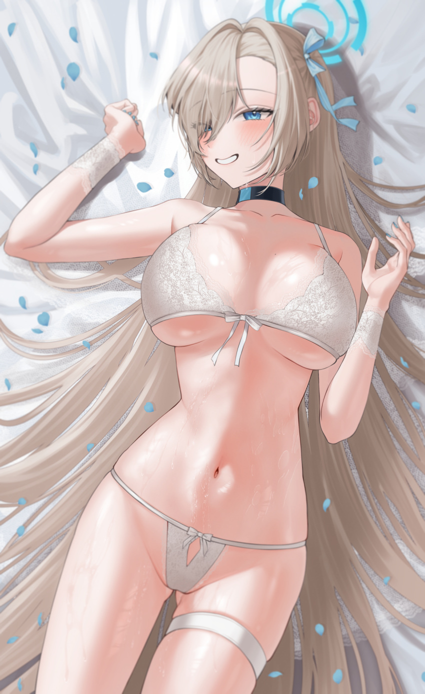 1girl ass_visible_through_thighs asuna_(blue_archive) bed_sheet blue_archive blue_eyes blue_halo blush bow bow_panties bra breasts choker commentary cowboy_shot groin hair_intakes halo highres lace lace_bra large_breasts light_brown_hair lingerie long_hair looking_to_the_side lying meraring navel on_back on_bed paid_reward_available panties petals smile solo stomach sweat thigh_strap thong underwear underwear_only very_long_hair very_sweaty white_bra white_panties