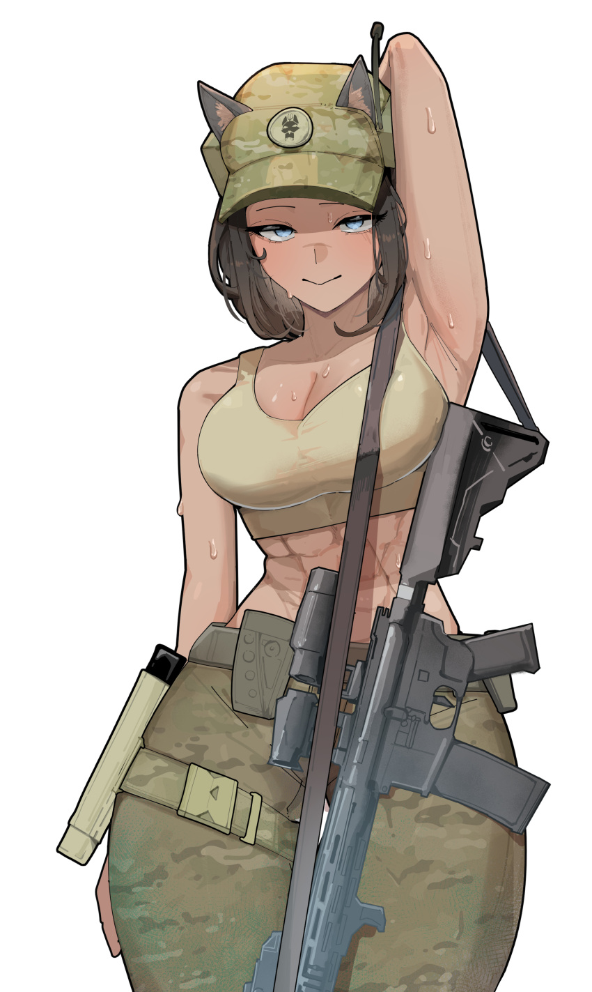 1girl abs absurdres animal_ears arm_at_side arm_behind_head arm_up assault_rifle azz0422 bare_shoulders belt blue_eyes breasts brown_hair camouflage camouflage_pants cleavage crop_top dog_ears dog_girl english_commentary gun hat highres large_breasts looking_at_viewer military_hat military_uniform muscular muscular_female original pants rifle simple_background stomach strap sweat tank_top thigh_belt thigh_strap thighs toned uniform weapon white_background wide_hips