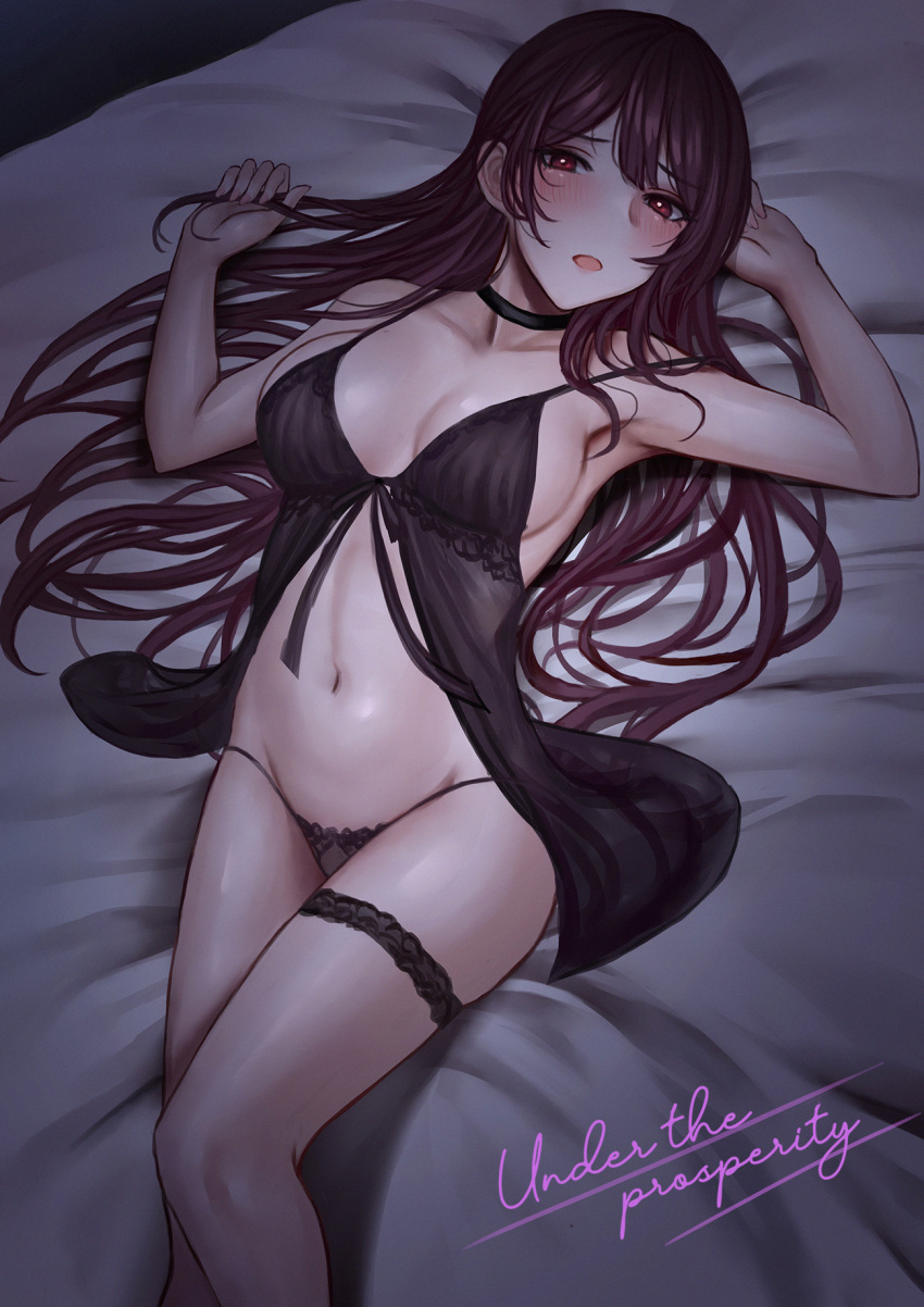 1girl armpits babydoll black_babydoll black_choker black_panties blush breasts choker collarbone commentary_request english_text fingernails girls'_frontline hands_up highres lingerie long_hair looking_at_viewer lying medium_breasts navel on_back panties purple_hair red_eyes selcky solo thigh_strap thighhighs underwear wa2000_(girls'_frontline)