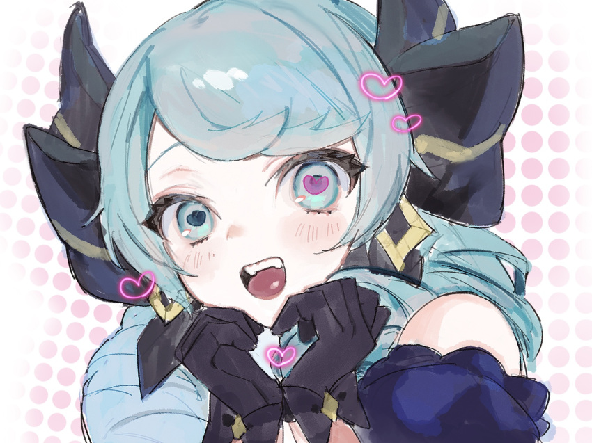 1girl :d bare_shoulders black_bow black_gloves blush bow detached_sleeves drill_hair fangs gloves green_hair gwen_(league_of_legends) hair_bow heart heart-shaped_pupils heart_hands heart_in_heart_hands league_of_legends nakiyande portrait puffy_short_sleeves puffy_sleeves short_sleeves smile solo swept_bangs symbol-shaped_pupils teeth twin_drills upper_teeth_only