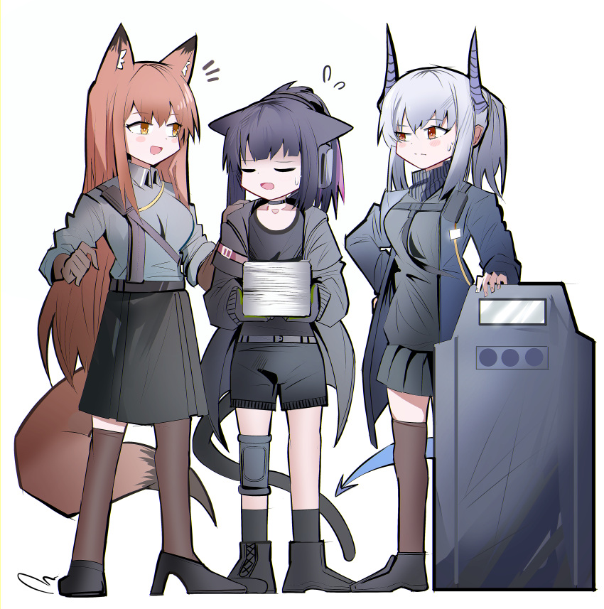 3girls :d absurdres animal_ear_fluff animal_ears arknights black_footwear black_hair black_shirt black_shorts black_skirt black_socks blue_jacket breasts brown_eyes brown_gloves brown_hair brown_pantyhose brown_thighhighs cat_ears cat_girl cat_tail closed_eyes collared_shirt ear_protection flying_sweatdrops franka_(arknights) gloves grey_hair grey_jacket grey_shirt half-closed_eye hand_on_another's_shoulder hand_on_own_hip high_heels highres horns jacket jessica_(arknights) knee_pads liskarm_(arknights) long_hair medium_breasts multicolored_hair multiple_girls notice_lines open_clothes open_jacket over-kneehighs pantyhose paper_stack pleated_skirt ponytail purple_hair riot_shield shield shirt shoes shorts simple_background single_knee_pad single_leg_pantyhose single_over-kneehigh single_thighhigh skirt smile socks spam_(spamham4506) standing streaked_hair sweat tail thighhighs uneven_eyes very_long_hair white_background