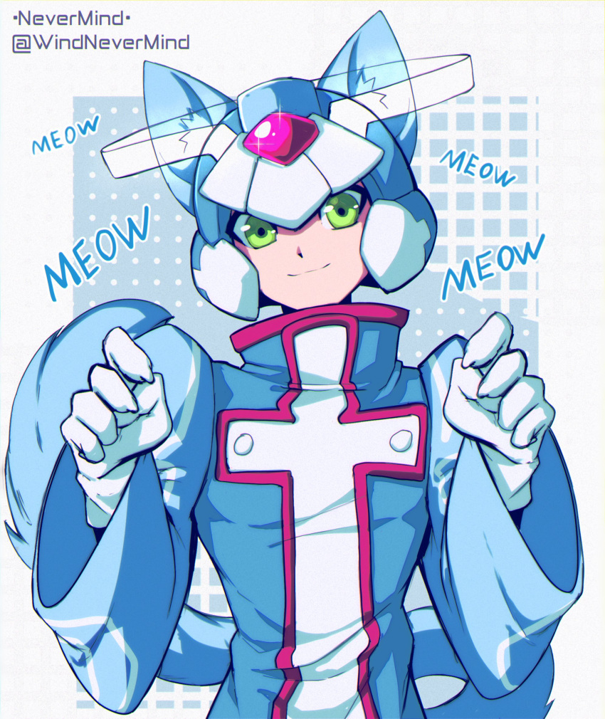 1boy animal_ears artist_name blue_helmet blue_robe blue_tail cat_ears cat_tail cyber_elf_x_(mega_man) forehead_jewel green_eyes halo helmet highres looking_at_viewer mega_man_(series) mega_man_zero_(series) paw_pose robe solo tail twitter_username upper_body wide_sleeves windnevermind x_(mega_man)