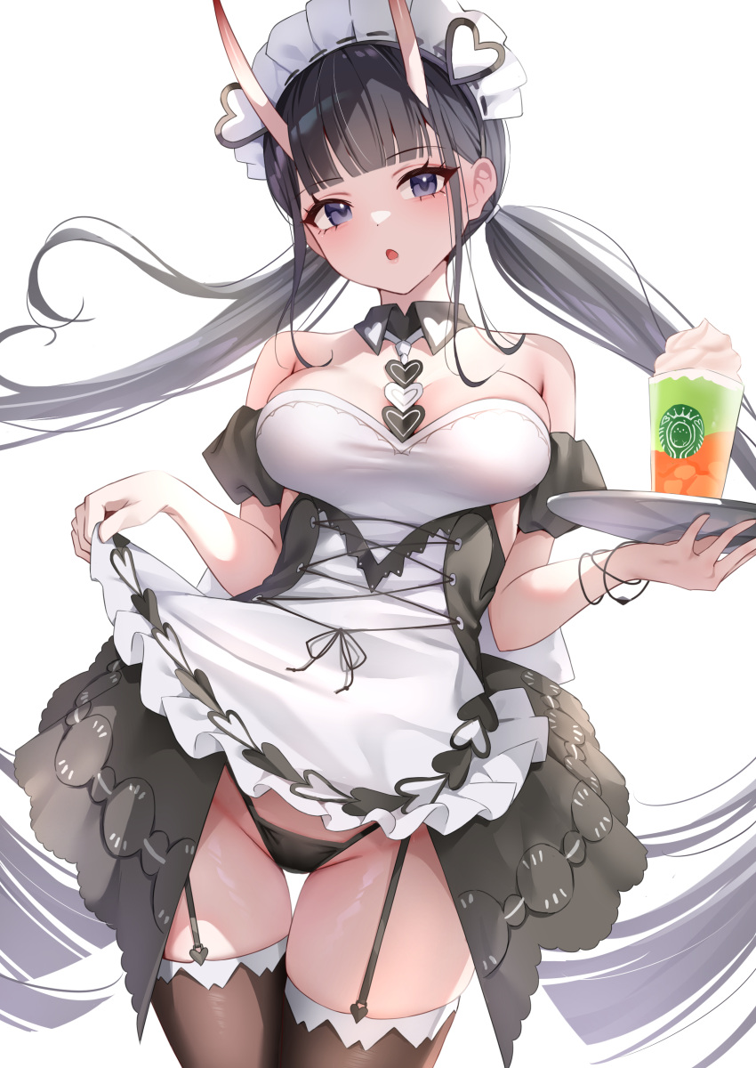 1girl absurdres apron azur_lane bare_shoulders black_eyes black_hair black_panties black_thighhighs blue_eyes blunt_bangs blunt_ends bracelet breasts brown_thighhighs classic_(zildjian33) cleavage clothes_lift commentary_request cowboy_shot detached_collar detached_sleeves drink flashing frilled_apron frills garter_belt garter_straps glass groin highres holding holding_tray horns jewelry large_breasts lifted_by_self logo_parody long_hair looking_at_viewer low_twintails maid maid_apron maid_headdress noshiro_(azur_lane) noshiro_(hold_the_ice)_(azur_lane) official_alternate_costume oni open_mouth paid_reward_available panties parted_lips puffy_short_sleeves puffy_sleeves short_sleeves simple_background skin-covered_horns skirt skirt_lift solo standing starbucks thigh_gap thighhighs thighs thong tray twintails underwear very_long_hair whipped_cream white_apron white_background