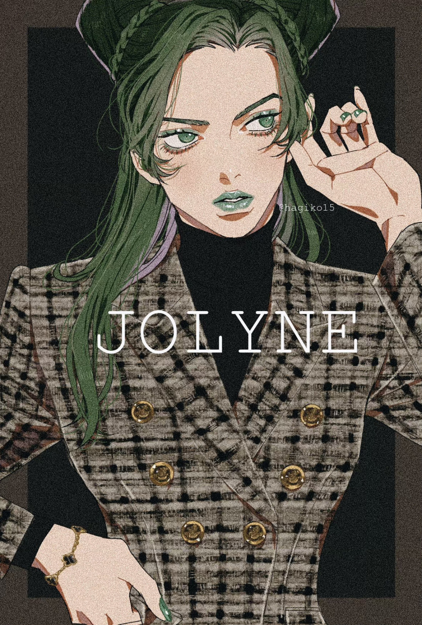 1girl adjusting_hair aegyo_sal black_background black_shirt bracelet buttons character_name double-breasted eyeshadow film_grain green_eyes green_eyeshadow green_hair green_lips hagiko15 hand_on_own_hip highres jacket jewelry jojo_no_kimyou_na_bouken kujo_jolyne long_hair long_sleeves makeup parted_bangs parted_lips plaid plaid_jacket shirt solo stone_ocean twitter_username upper_body