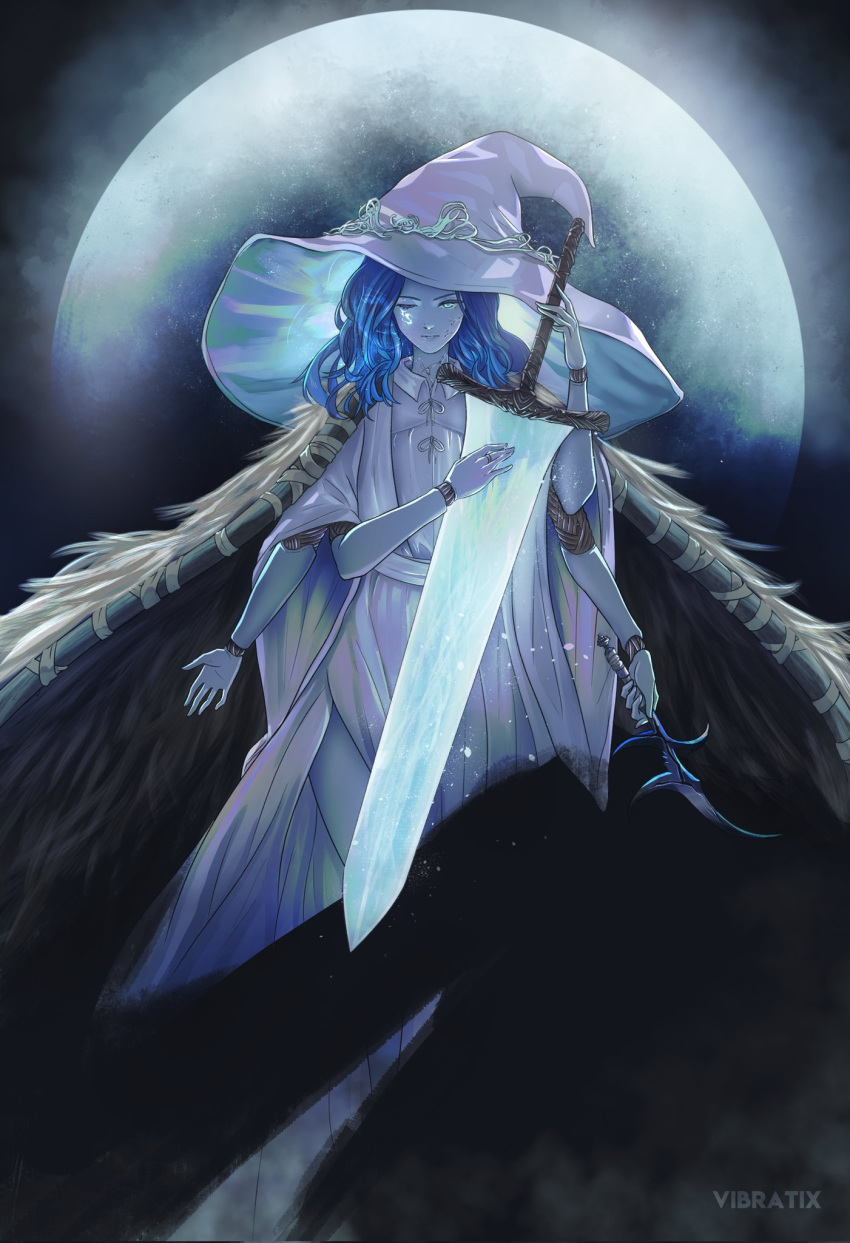 1girl black_knife_(elden_ring) blue_eyes blue_hair blue_skin cloak colored_skin cracked_skin doll_joints dress elden_ring extra_arms extra_faces fur_cloak hat highres joints knife long_hair looking_at_viewer moon moonlight_greatsword one_eye_closed ranni_the_witch solo sword vibratix weapon witch witch_hat