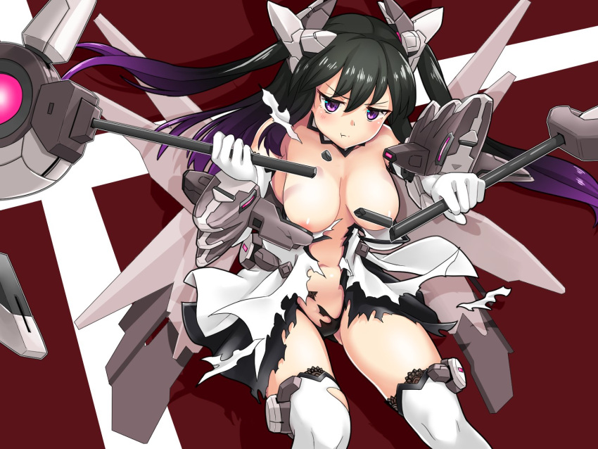 1girl ai_yori_akashi areola_slip bare_shoulders black_hair breasts broken broken_weapon claire_morte cosmic_break cosmic_break_2 defeat detached_collar dress gradient_hair headpiece highres holding holding_scythe large_breasts multicolored_hair panties puffy_cheeks purple_eyes purple_hair scythe sitting thighhighs torn_clothes torn_panties twintails underwear weapon white_dress