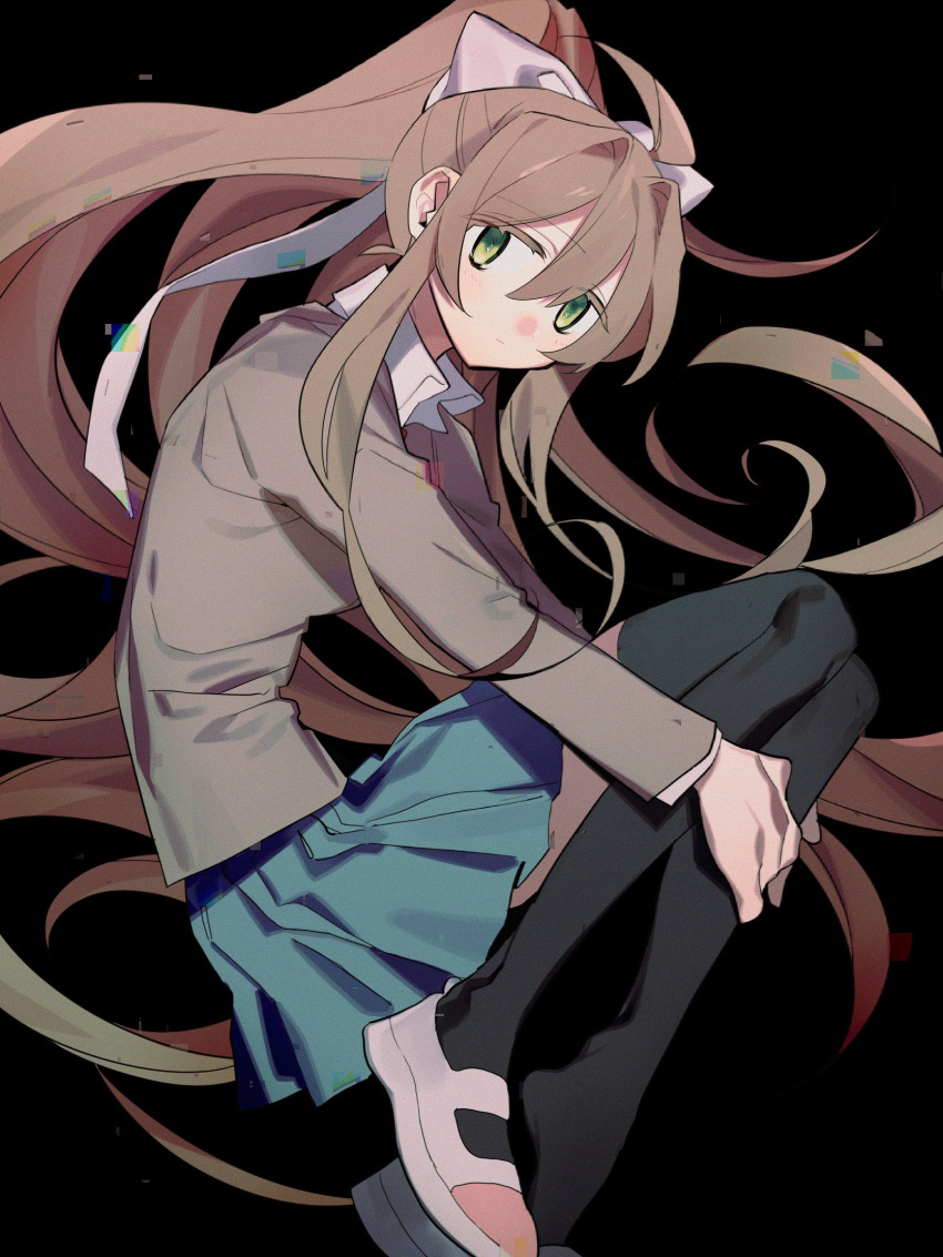 1girl ahoge aqua_skirt black_background black_thighhighs blazer bow brown_hair closed_mouth collared_shirt colored_eyelashes doki_doki_literature_club green_eyes grey_jacket hair_between_eyes hair_bow hands_on_own_legs higa423 high_ponytail highres jacket knees_up long_hair long_sleeves looking_at_viewer monika_(doki_doki_literature_club) pink_footwear pleated_skirt ponytail shirt shoe_dangle sidelocks skirt solo thighhighs two-tone_footwear very_long_hair white_bow white_footwear white_shirt