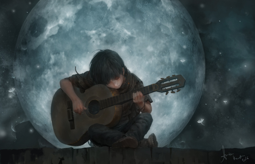 1boy black_hair child commentary english_commentary guitar highres holding holding_instrument instrument leekent male_focus moon music night night_sky original outdoors playing_instrument sitting sky solo star_(sky) traditional_media