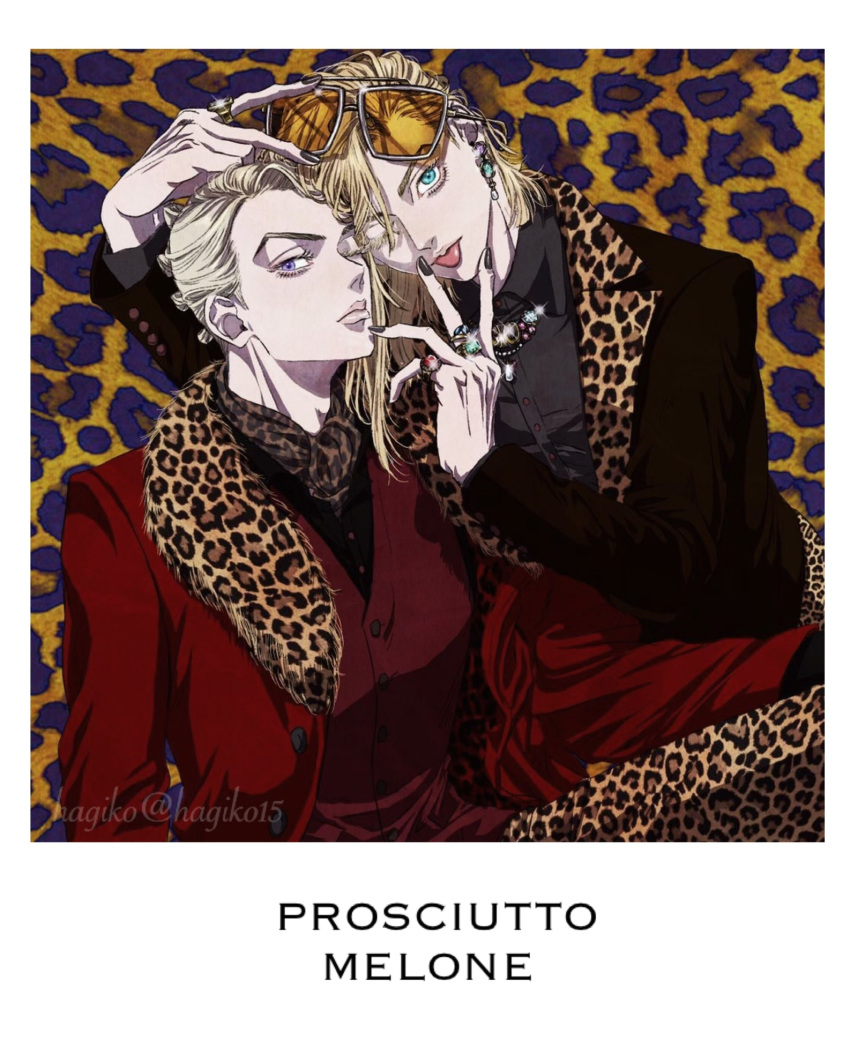 2boys :p adjusting_eyewear animal_print artist_name black_jacket black_shirt blonde_hair blue_eyes character_name collared_shirt dress_shirt earrings eyelashes eyewear_on_head fur-trimmed_jacket fur_trim hagiko15 heads_together highres jacket jewelry jojo_no_kimyou_na_bouken leopard_print lips long_sleeves male_focus melone multiple_boys multiple_rings prosciutto purple_eyes red_jacket red_vest ring shirt tinted_eyewear tongue tongue_out twitter_username vento_aureo vest yellow-tinted_eyewear