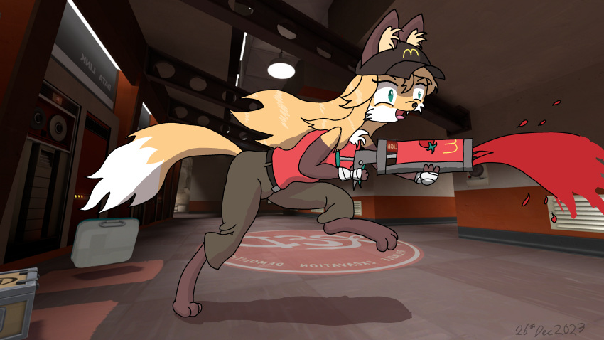 absurd_res anthro averi_(fiddleafox) brown_body brown_fur canid canine clothing dipstick_tail female female_anthro food fox fur gloves_(marking) green_eyes hair hat headgear headwear hi_res holding_object ketchup leg_markings mammal markings mcdonald's paws photo_background photography_(artwork) running scout_(team_fortress_2) shooting socks_(marking) solo tail tail_markings team_fortress_2 unknown_artist valve white_body white_fur